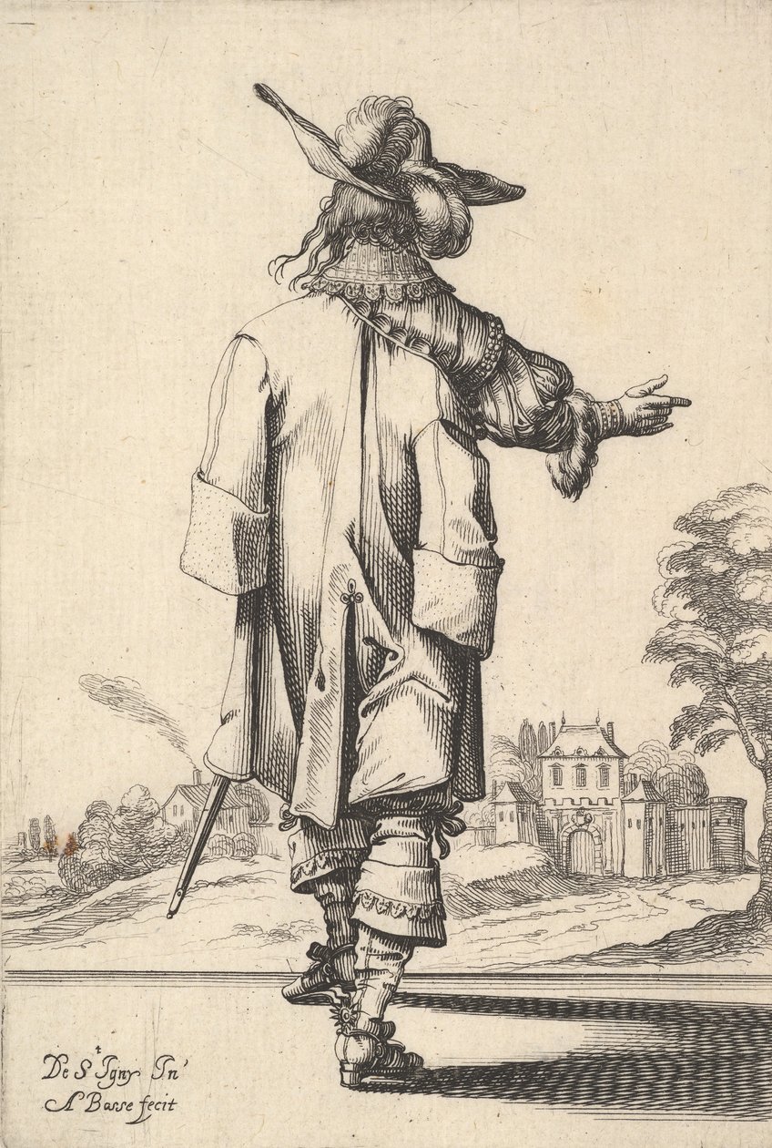 Un caballero, visto desde atrás, con su brazo derecho extendido y una capa sobre su hombro izquierdo, 1629 de Abraham Bosse