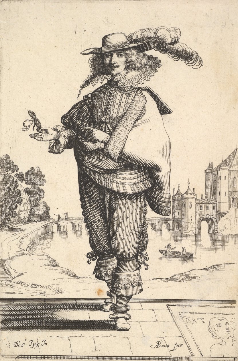 Un caballero de pie frente a un gran castillo y con un sombrero con plumas y un collar de encaje, 1629 de Abraham Bosse