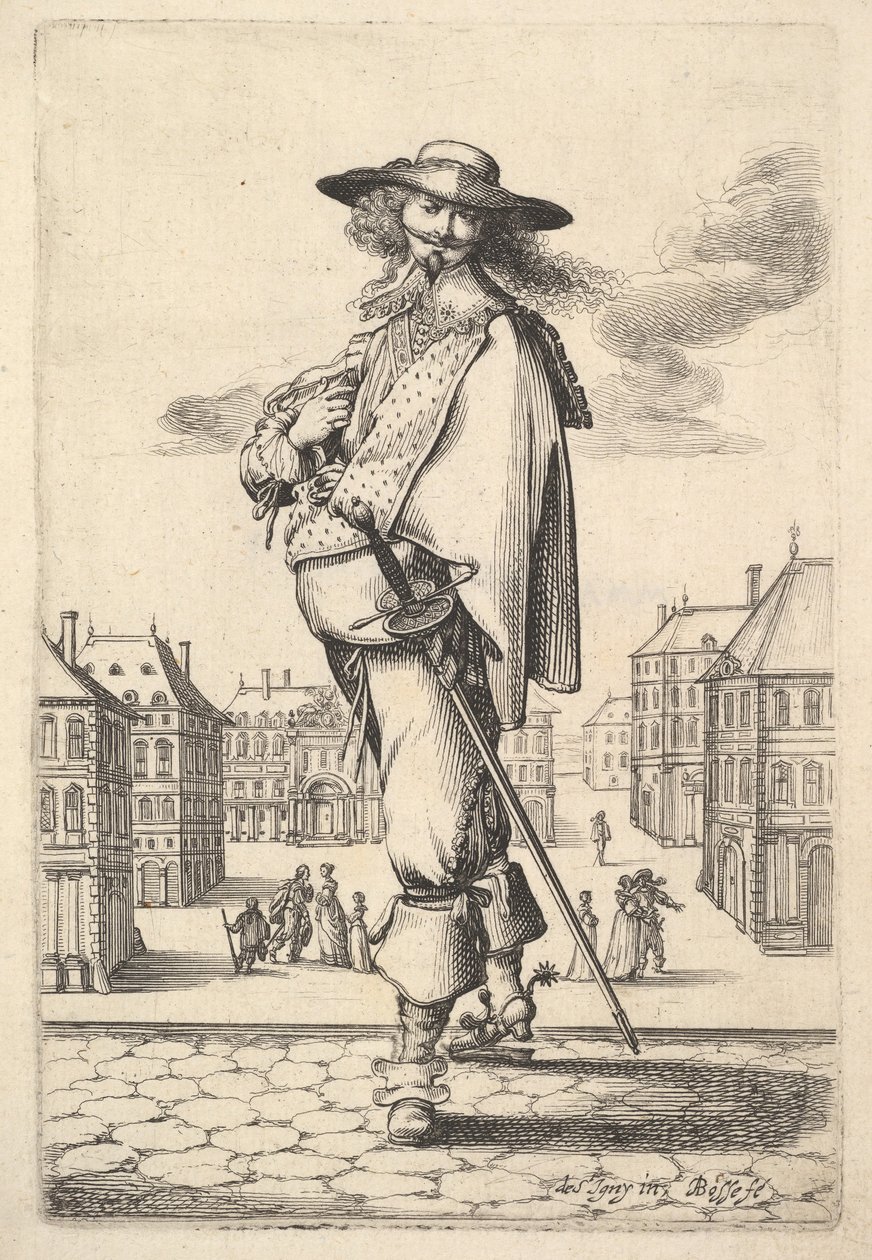 Un caballero, girado tres cuartos a la izquierda, con sombrero y botas con espuelas, llevando... de Abraham Bosse