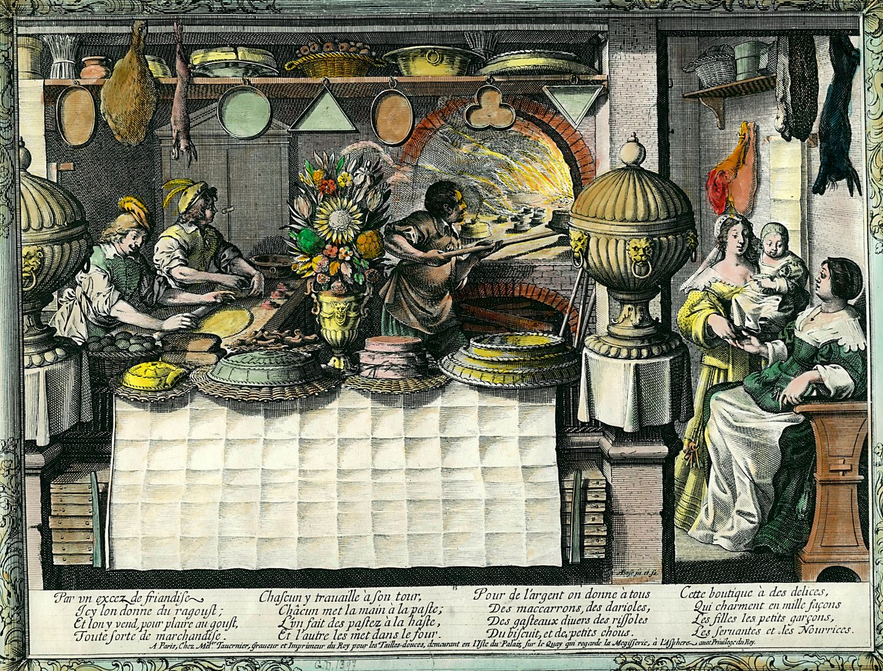 Una pastelería en el siglo XVII: la trastienda donde los panaderos y pasteleros hacen y cocinan pasteles y panes, y los clientes en la tienda. Molde de pastel colgado en la pared. Grabado de Abraham Bosse (1602-1676) de Abraham Bosse