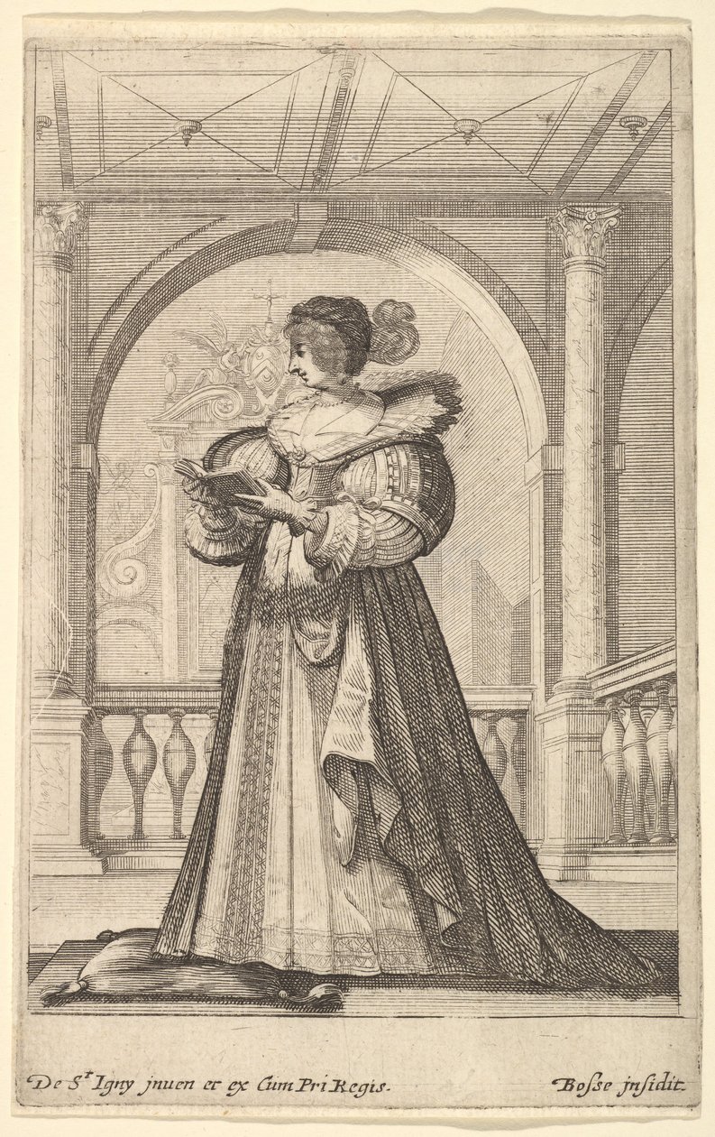 Una mujer de pie, de perfil hacia la izquierda, con sombrero y cuello de encaje, leyendo..., ca. 1629 de Abraham Bosse