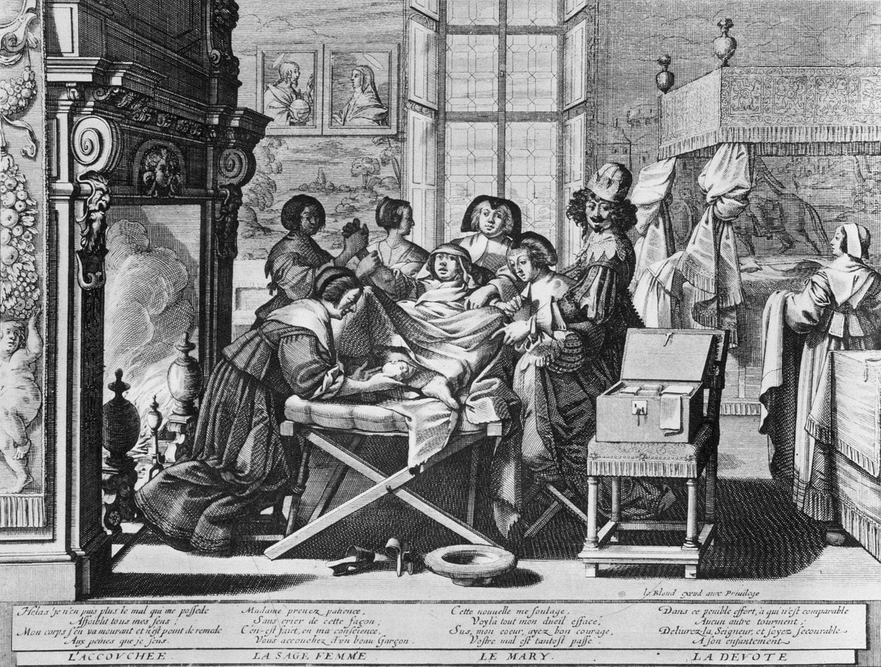 Serie de grabados (aguafuerte) titulada "El matrimonio con la ciudad" de 1633 por Abraham Bosse - "Parto": en la cama de trabajo de Abraham Bosse