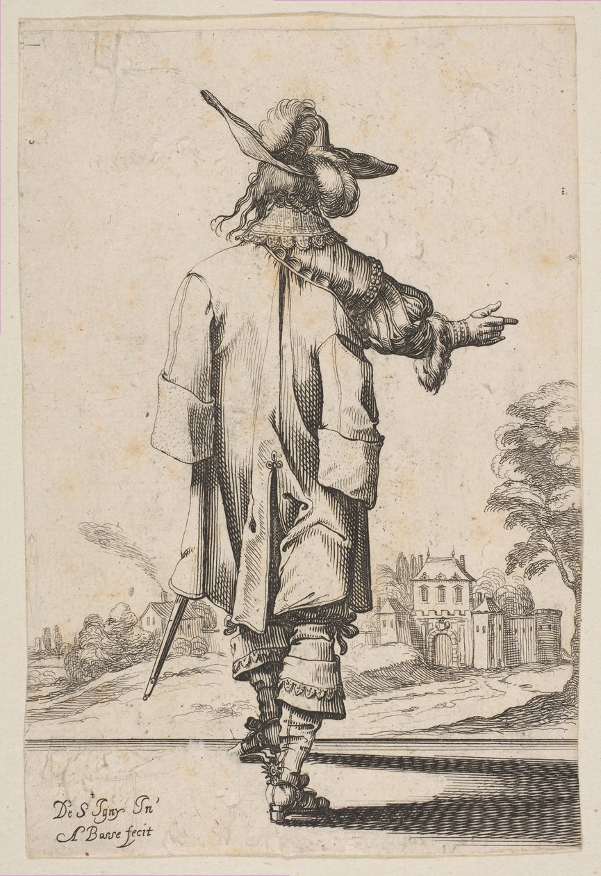 Caballero visto desde atrás señalando hacia un castillo, 1629 de Abraham Bosse