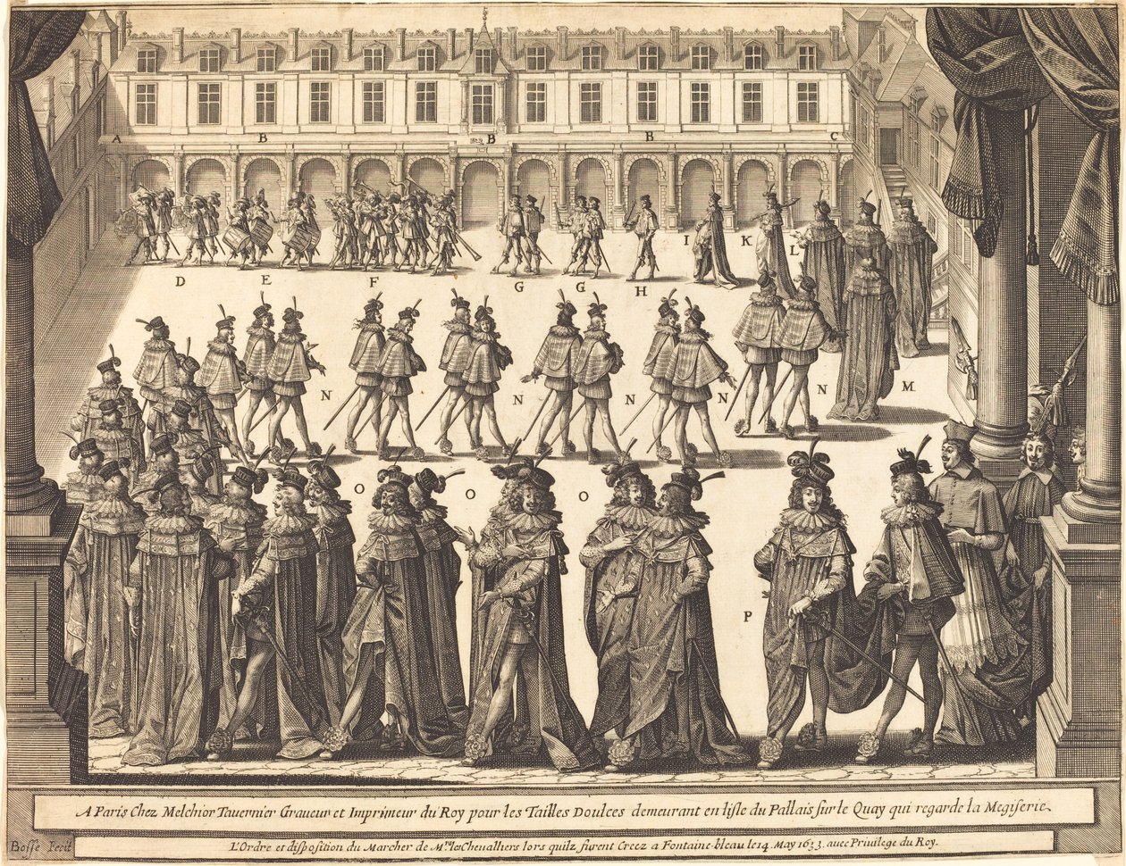Marcha del Rey y los Caballeros del Espíritu Santo en el patio de Fontainebleau de Abraham Bosse