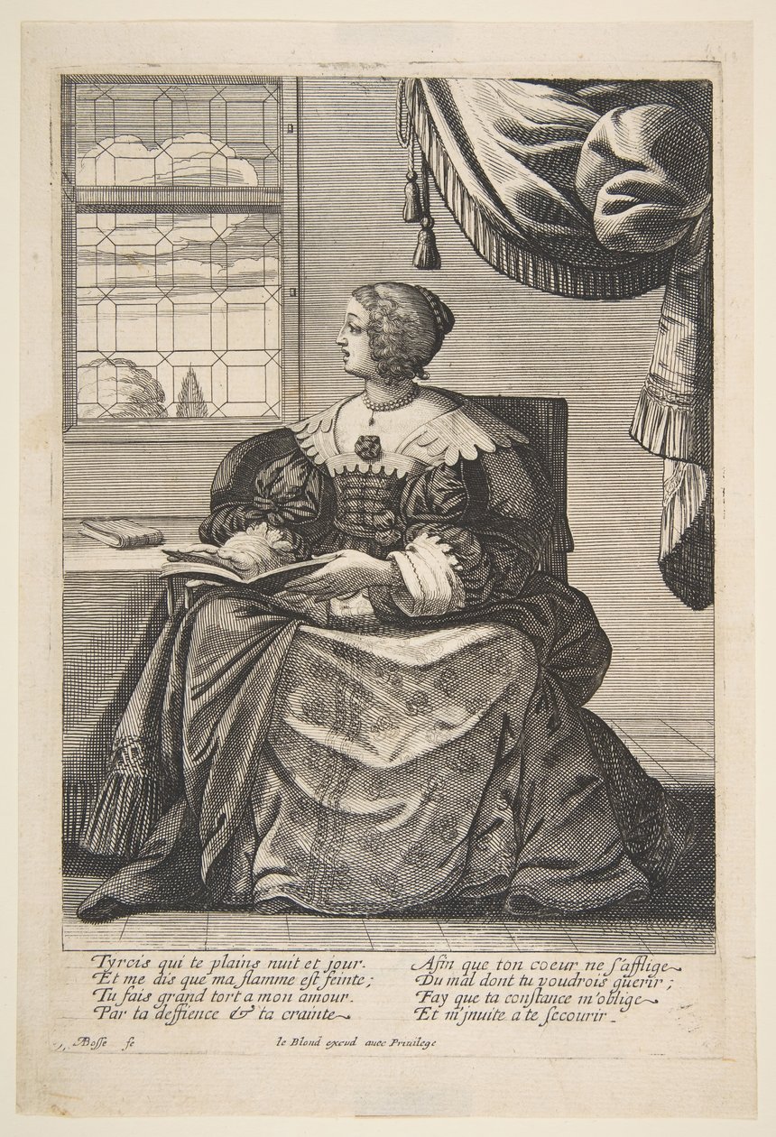 Mujer Sentada Sosteniendo un Libro y Cantando, mediados a finales del siglo XVII de Abraham Bosse