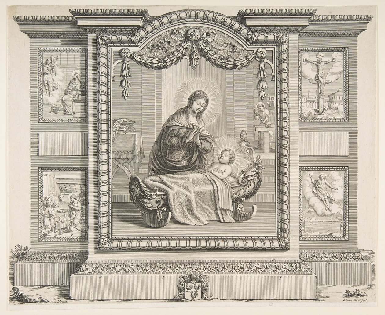 La Natividad con Escenas de La Anunciación, La Adoración de los Pastores, La Crucifixión, 1620-76 de Abraham Bosse