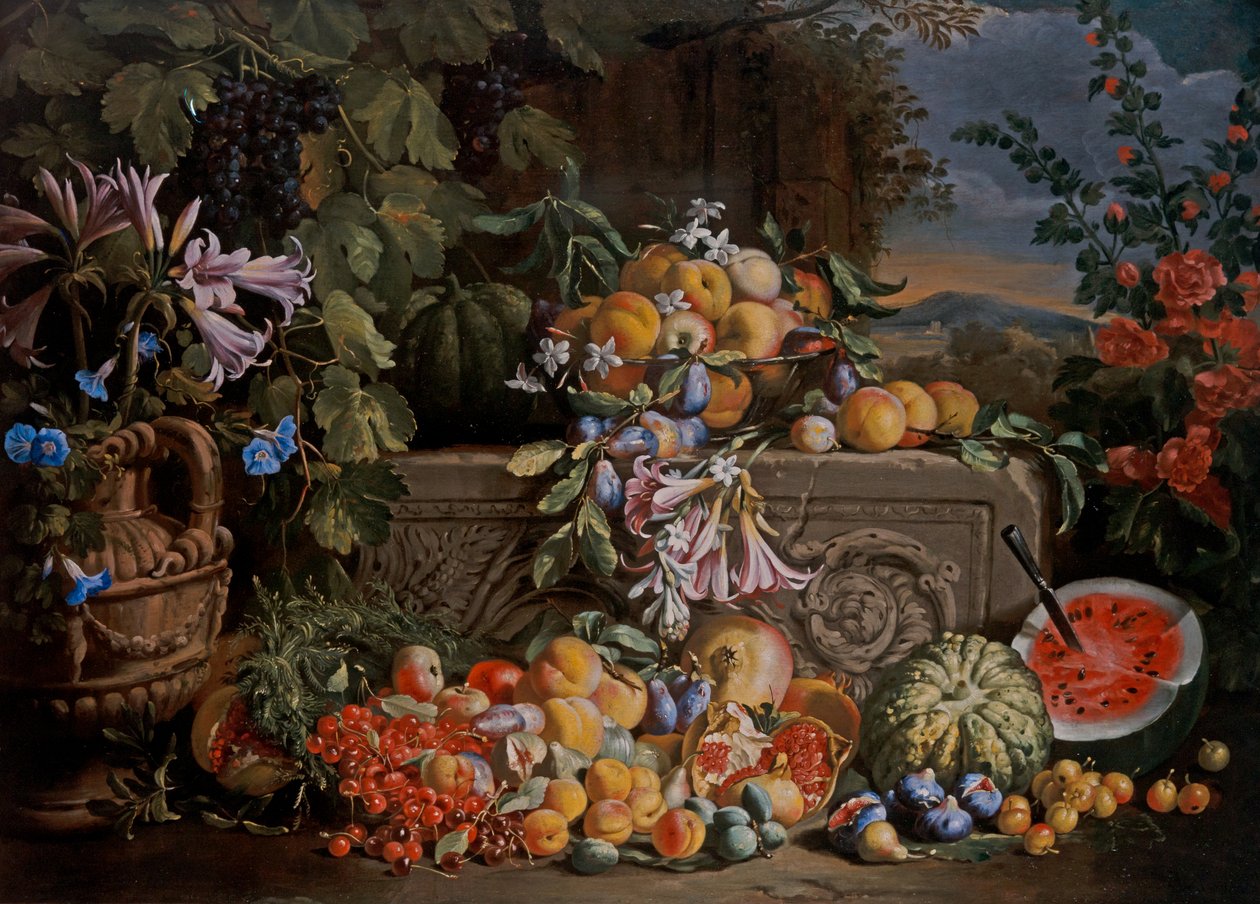 Bodegón con cerezas, sandías, melocotones, albaricoques, ciruelas, granadas y figuras de Abraham Brueghel