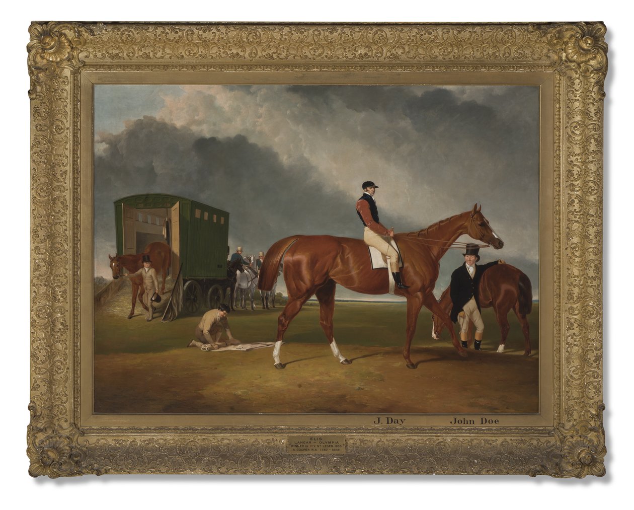 Retrato del caballo de Lord George Bentinck, Elis, con jinete, John Day, y entrenador, John Doe, Doncaster, 1836 de Abraham Cooper