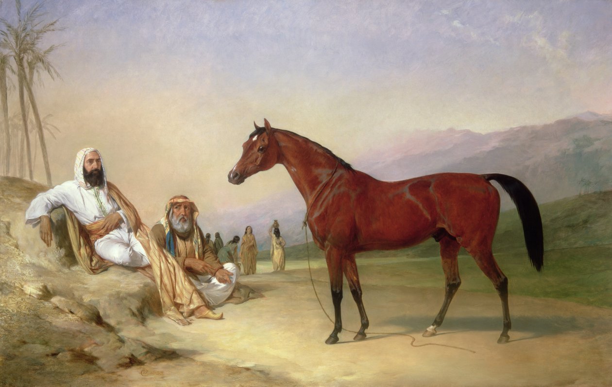 Dos beduinos con un semental árabe bayo en el desierto de Abraham Cooper