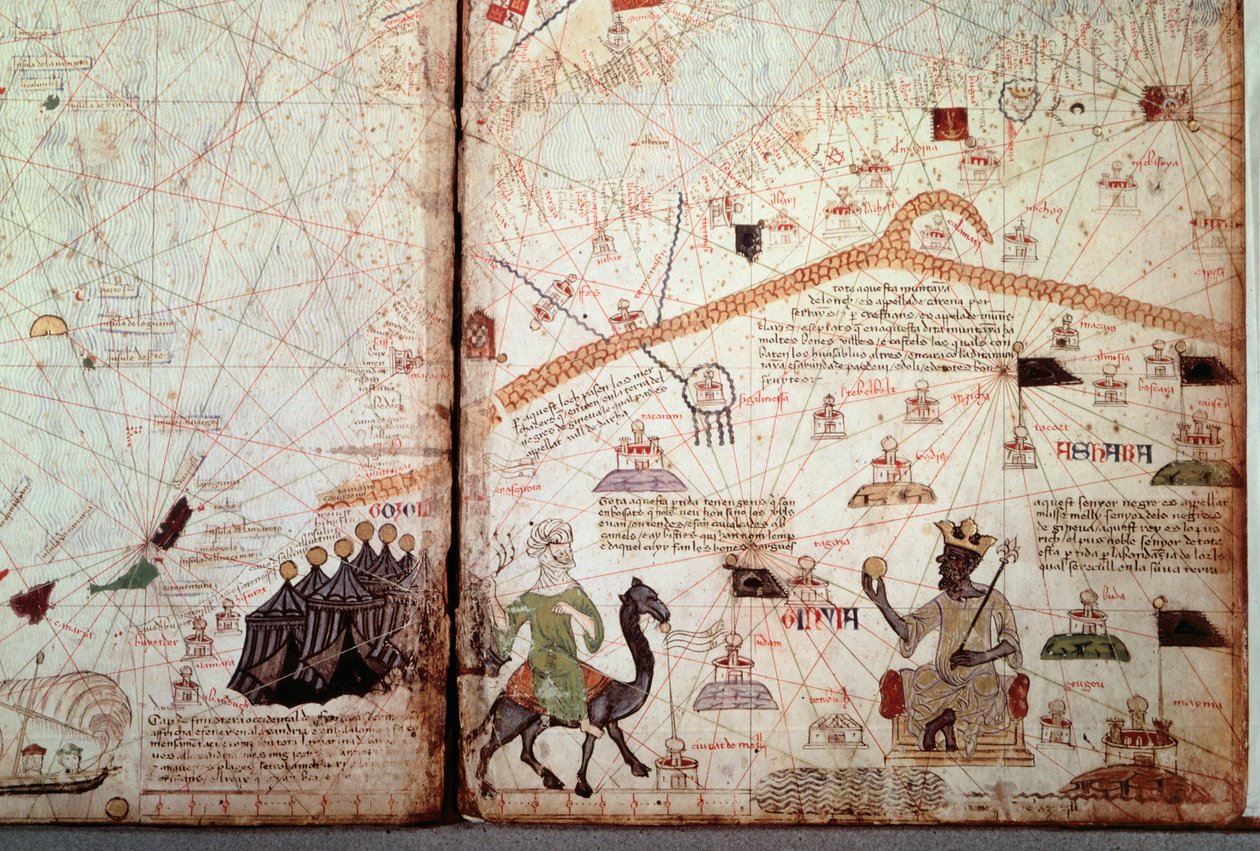 El estrecho de Gibraltar y el norte de África marcan las banderas de los moros, a la derecha el rey de Mali Kanga Moussa (Kankou Moussa, o Kankan Moussa o Mansa Moussa), mostrando el Globo de Oro. Detalle del Atlas Catalán (mapa catalán) iluminado por Abra de Abraham Cresques