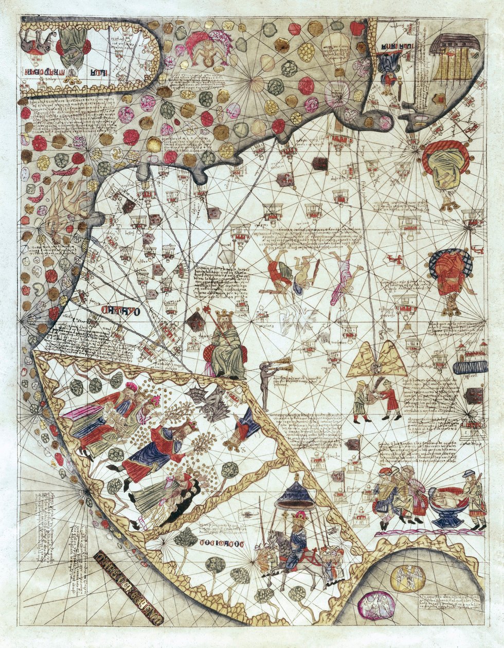 Mapa de China (Cathay), con descripciones de pequeñas escenas, delimitación de los reinos con su soberano representado cada vez de Abraham and Cresques Jehuda Cresques