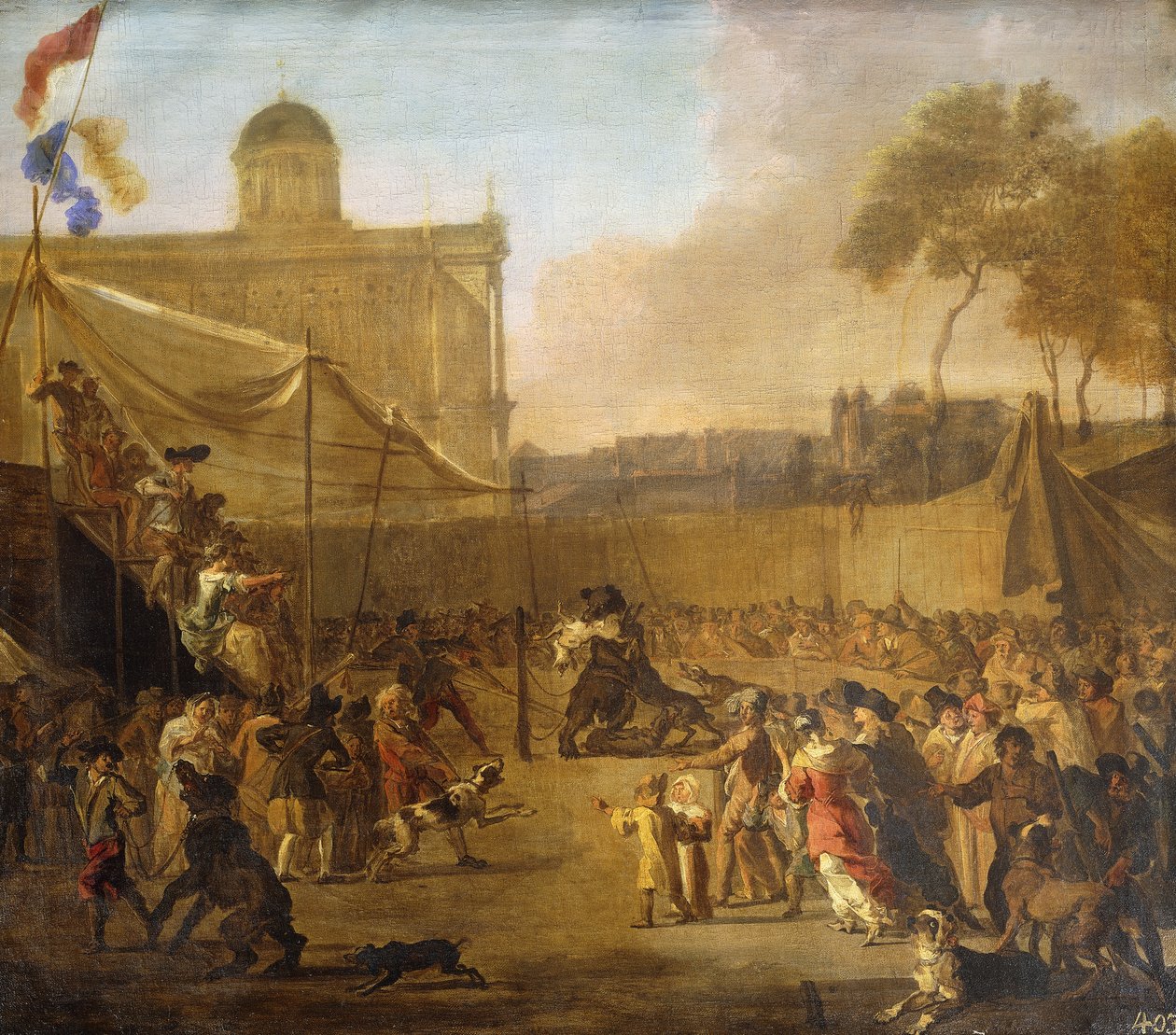 Una multitud viendo una pelea de osos en una plaza del pueblo de Abraham Danielsz. Hondius