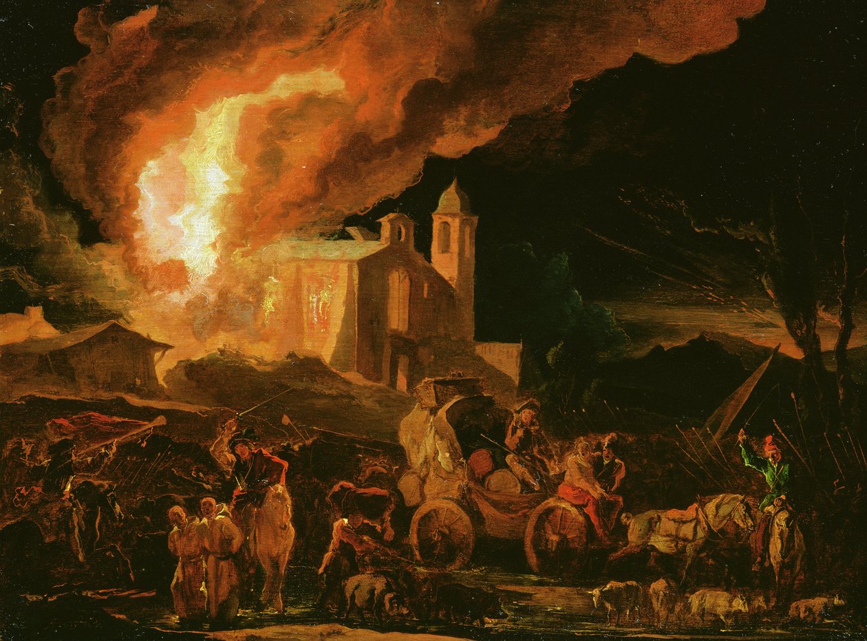 Soldados saqueando un monasterio en llamas (óleo sobre tabla) de Abraham Danielsz. Hondius
