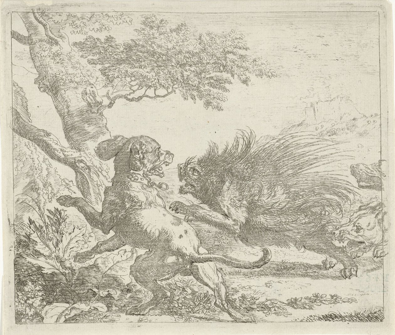 Puercoespín atacado por perros Diferentes animales (título de la serie) de Abraham Danielsz. Hondius