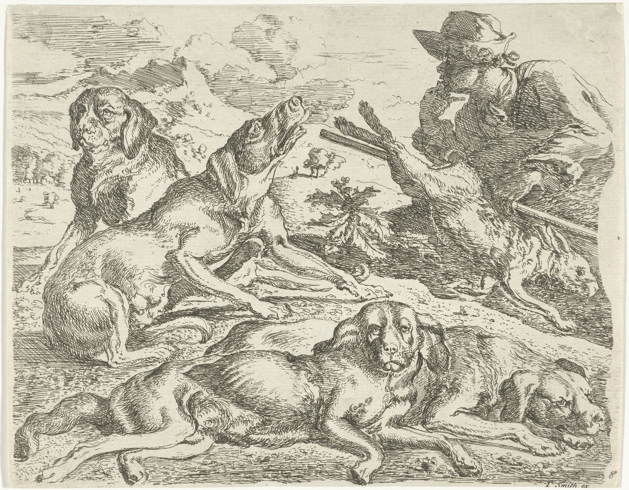 Cuatro perros, un cazador y una liebre. de Abraham Danielsz. Hondius