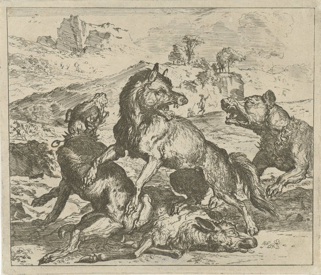 Lobo atacado por perros Diferentes animales (título de la serie) de Abraham Danielsz. Hondius