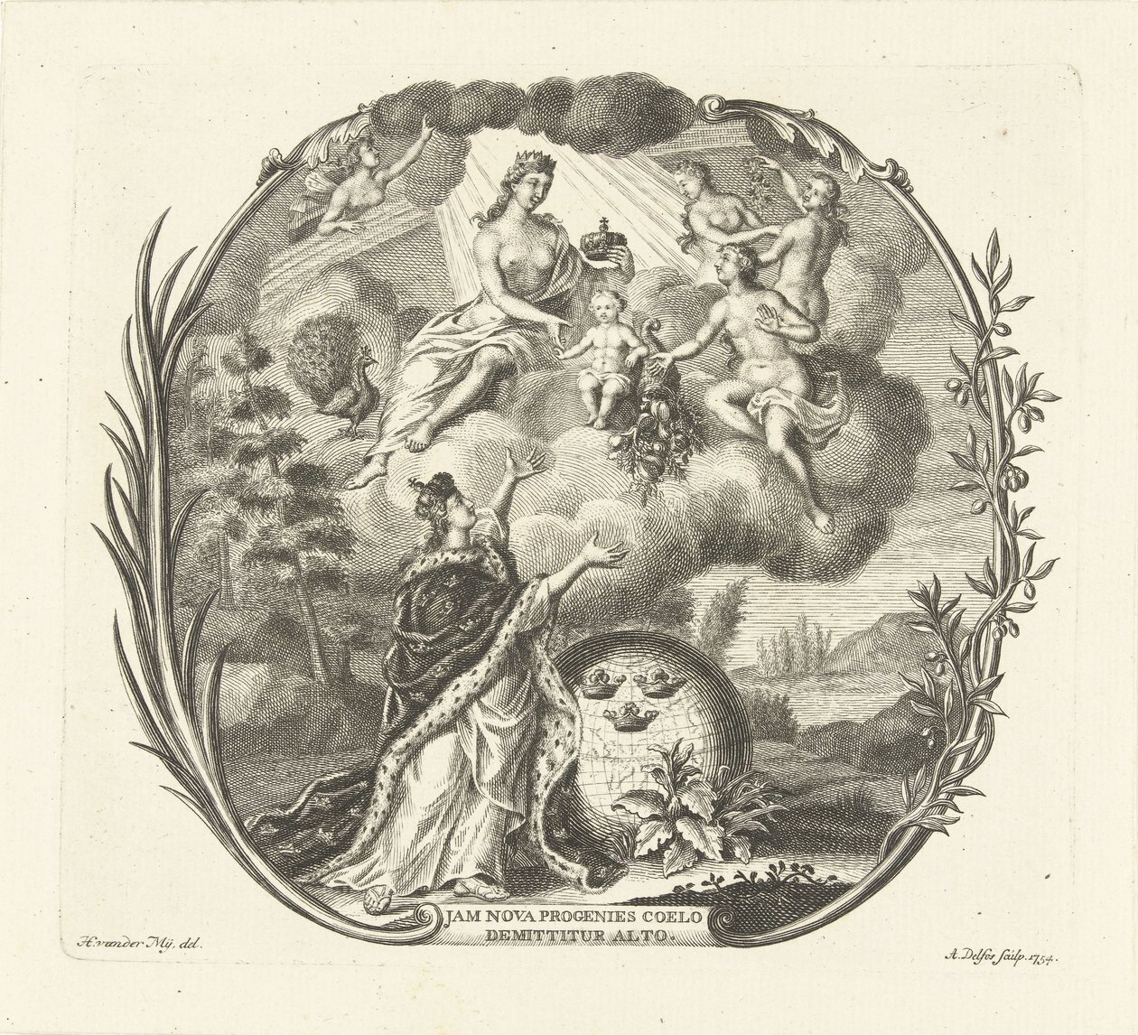 Alegoría del nacimiento de un niño con Juno y Abundancia de Abraham Delfos