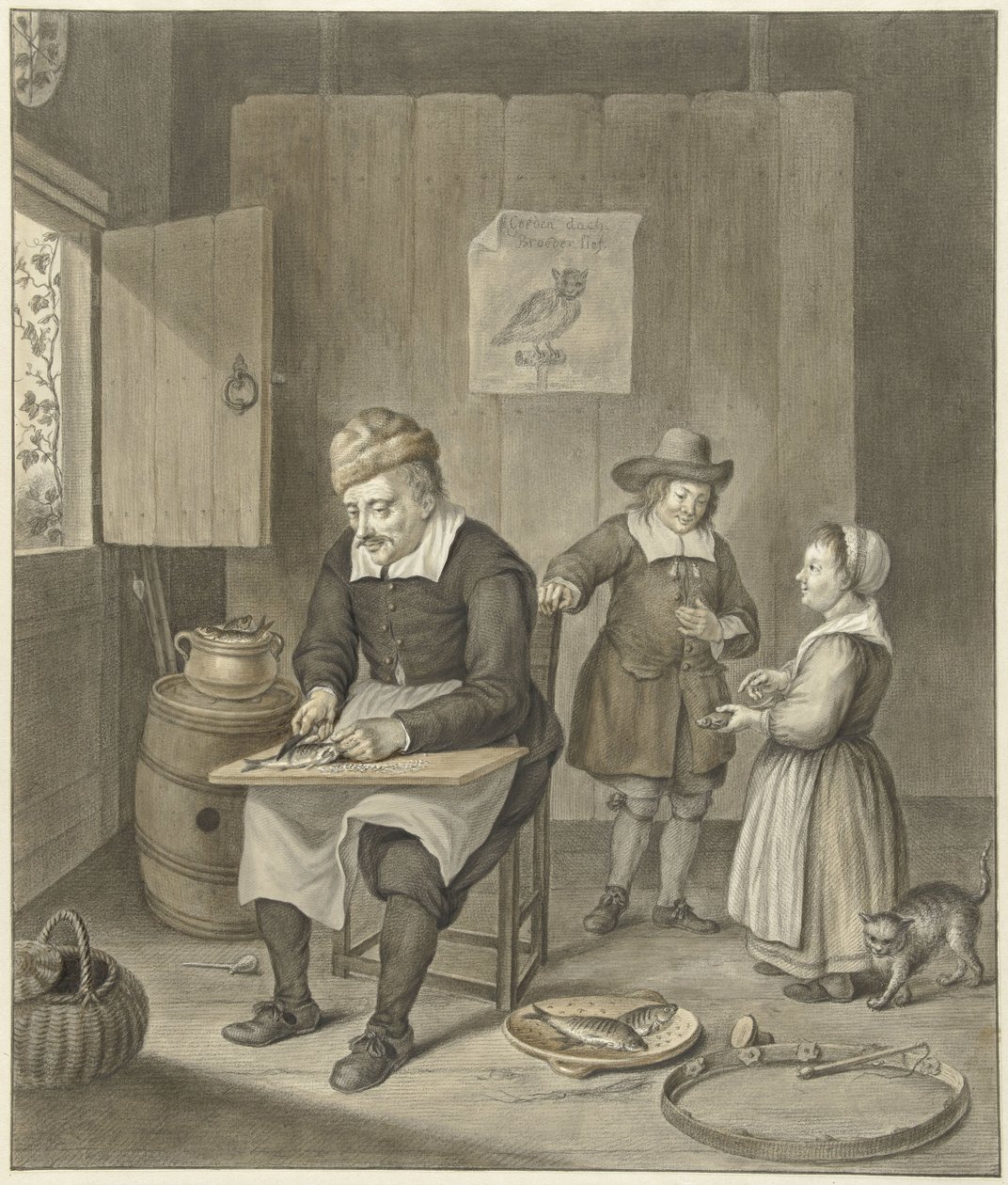 Interior con hombre limpiando pescado y dos niños de Abraham Delfos