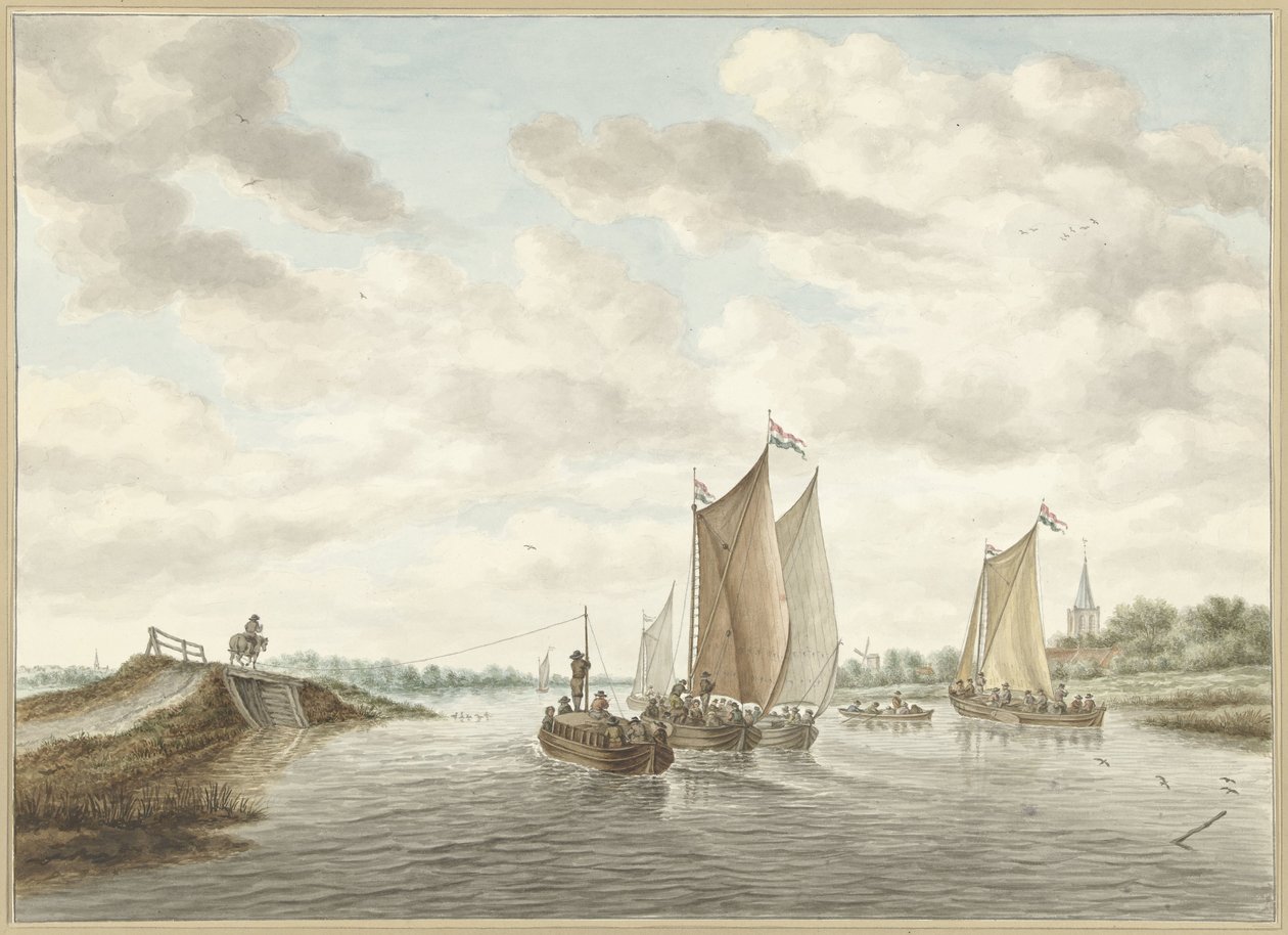 Paisaje fluvial con varias barcazas de Abraham Delfos