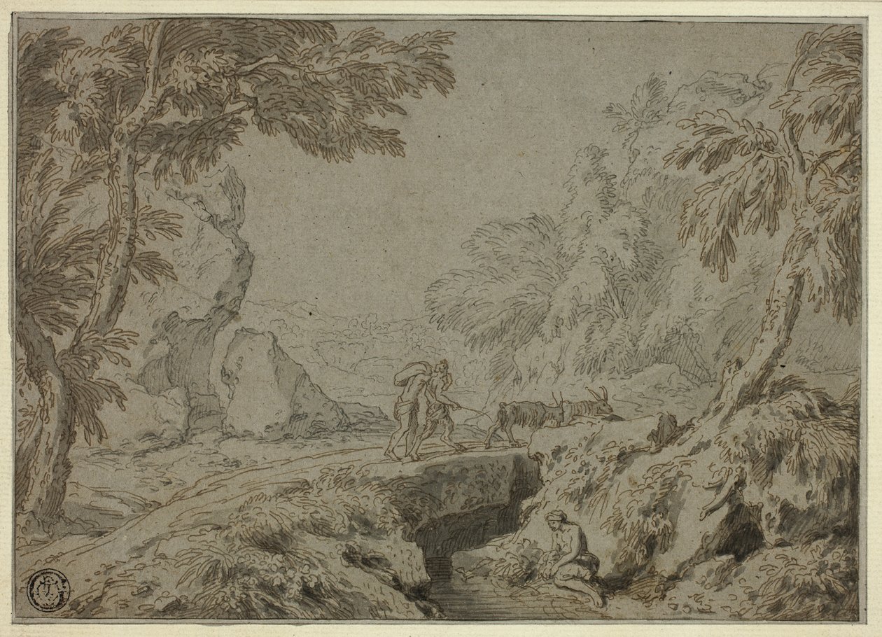Paisaje con sátiro, cabras y otras figuras de Abraham Genoels II