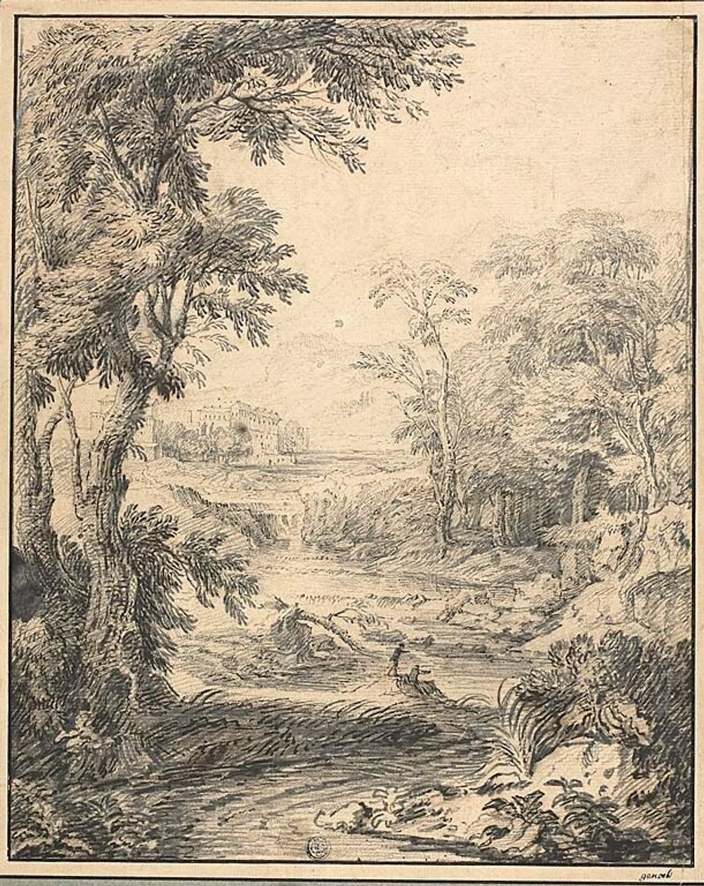 Paisaje fluvial con dos figuras en primer plano, castillo a lo lejos de Abraham Genoels II