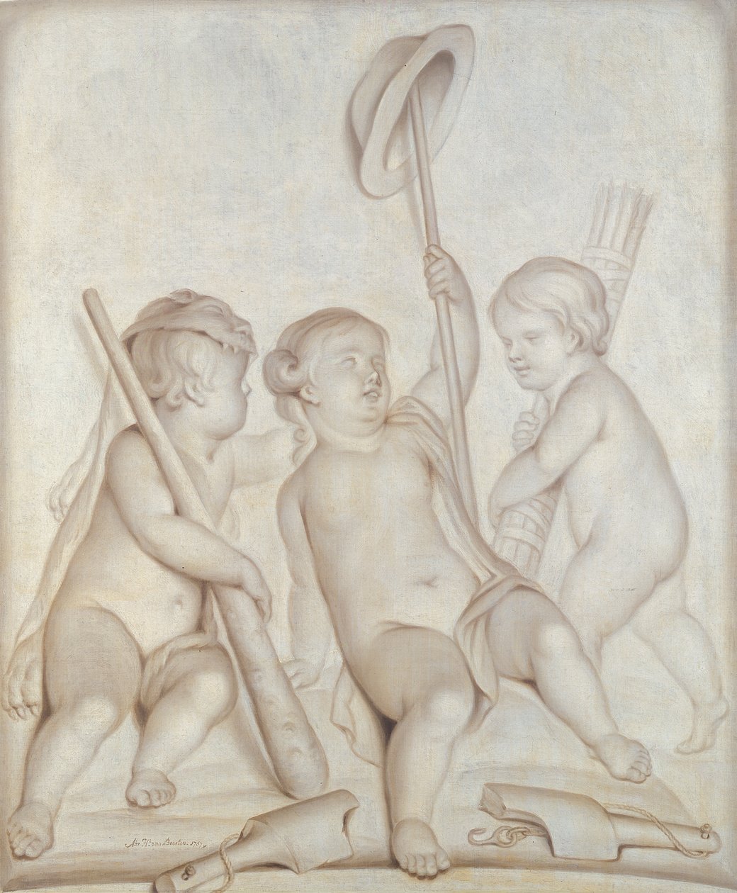 Los tres querubines, Putti con los atributos de Hércules y Mercurio de Abraham Hendrick van Beesten