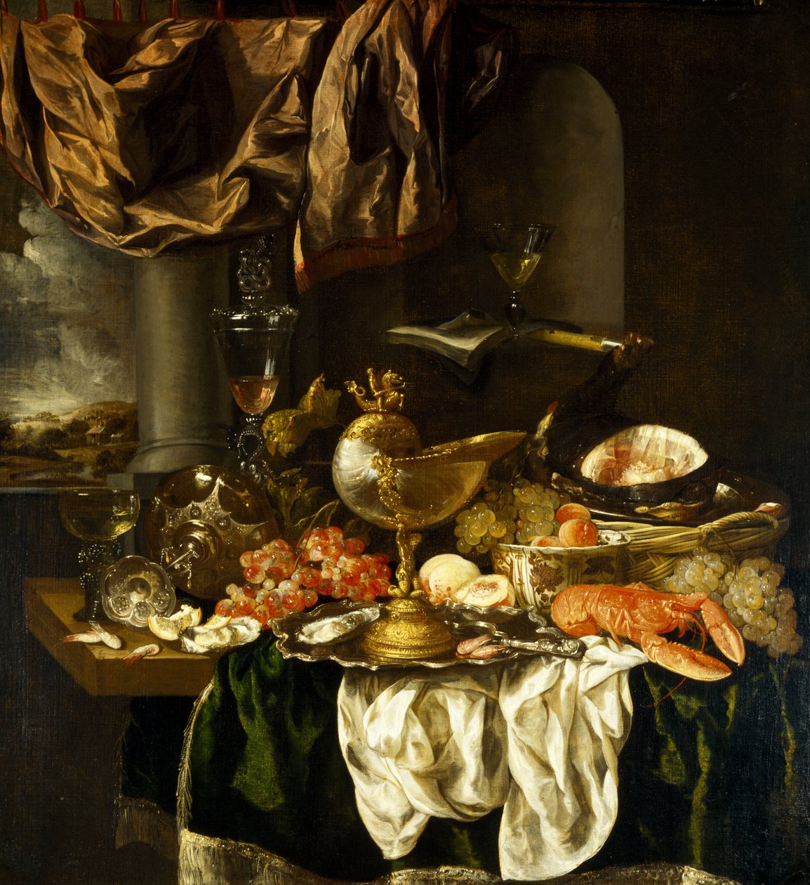 Naturaleza muerta con paisaje de Abraham Hendricksz van Beyeren