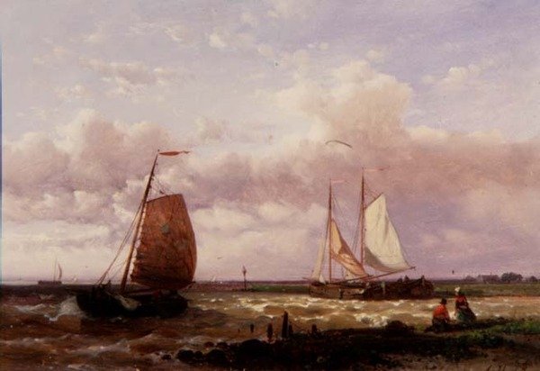 Una escena costera con barcos de pesca de Abraham Hulk