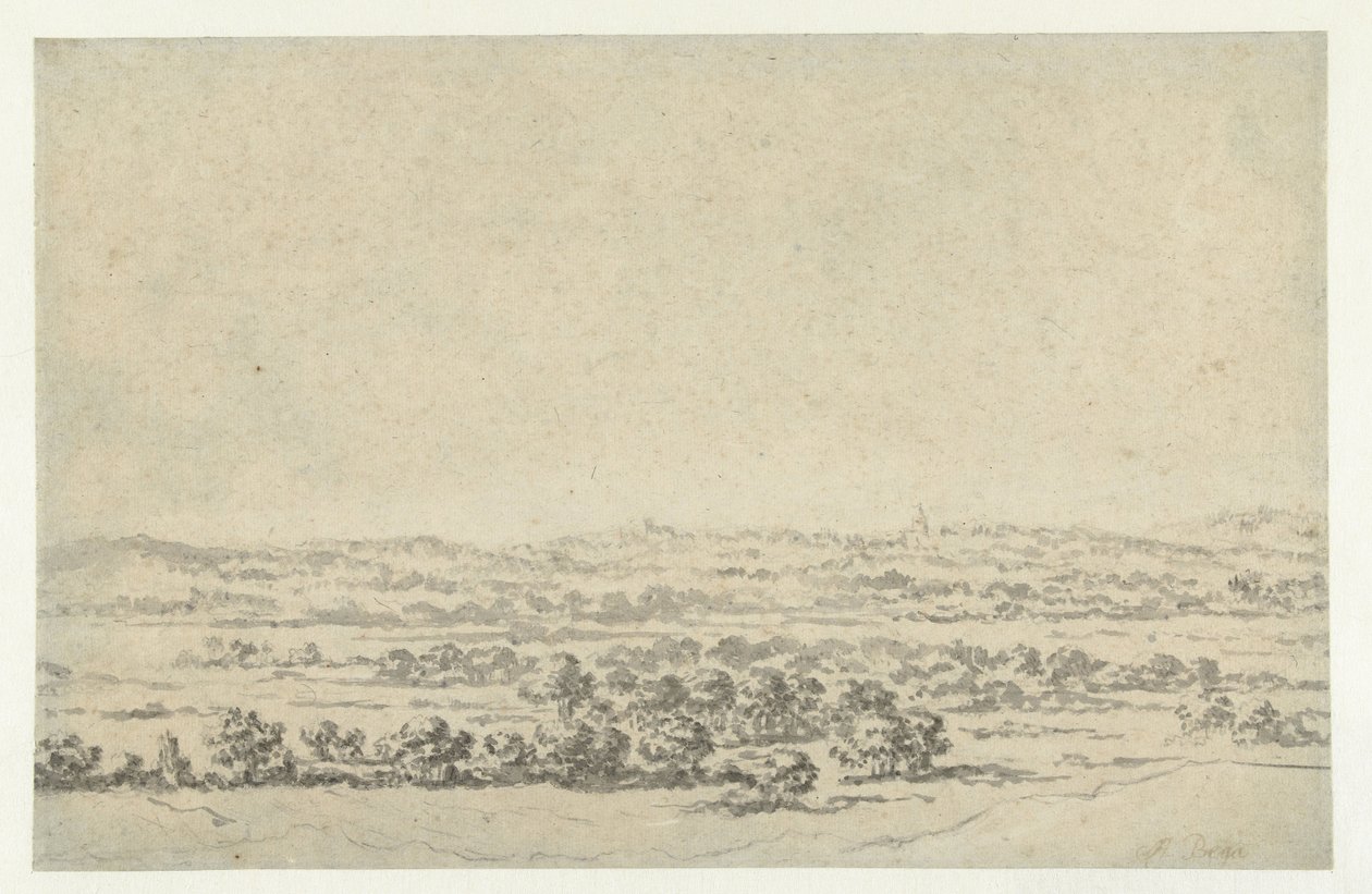 Paisaje fluvial, con una torre en la distancia de Abraham Jansz Begeyn