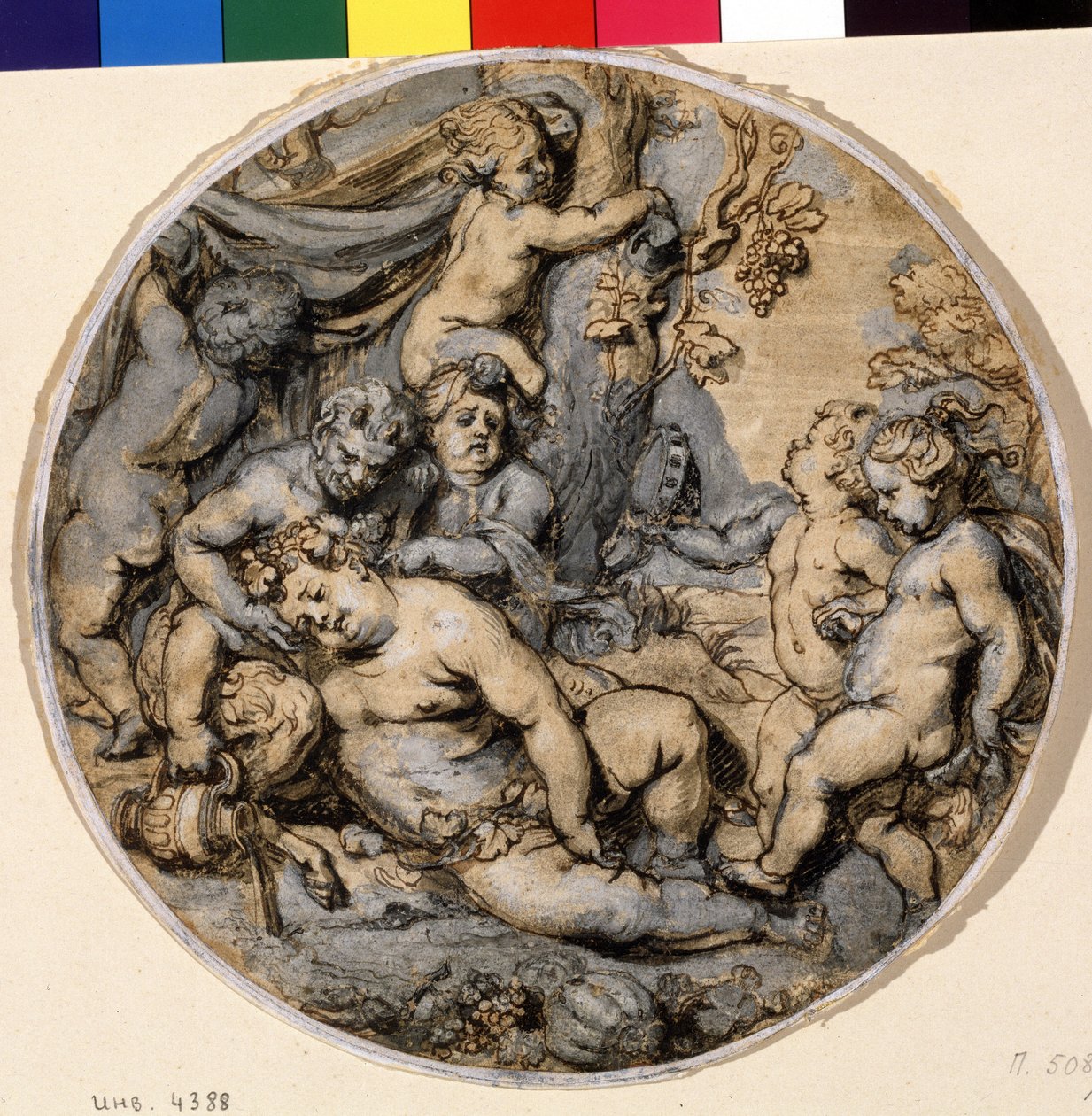 ""Bacchus endormi"" (Baco durmiente) Está rodeado de amorcillos, sátiro Dibujo a tinta de Abraham Jansz van Diepenbeeck (1596-1675) Museo Pushkin del siglo XVII, Moscú de Abraham Jansz. van Diepenbeeck