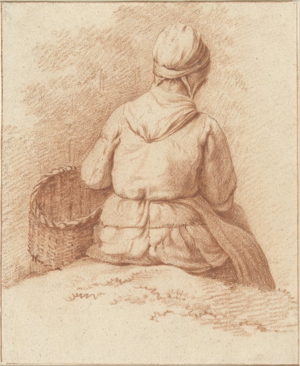 Pescadora sentada con una cesta en el brazo, vista desde atrás de Abraham Johannes Ruytenschildt