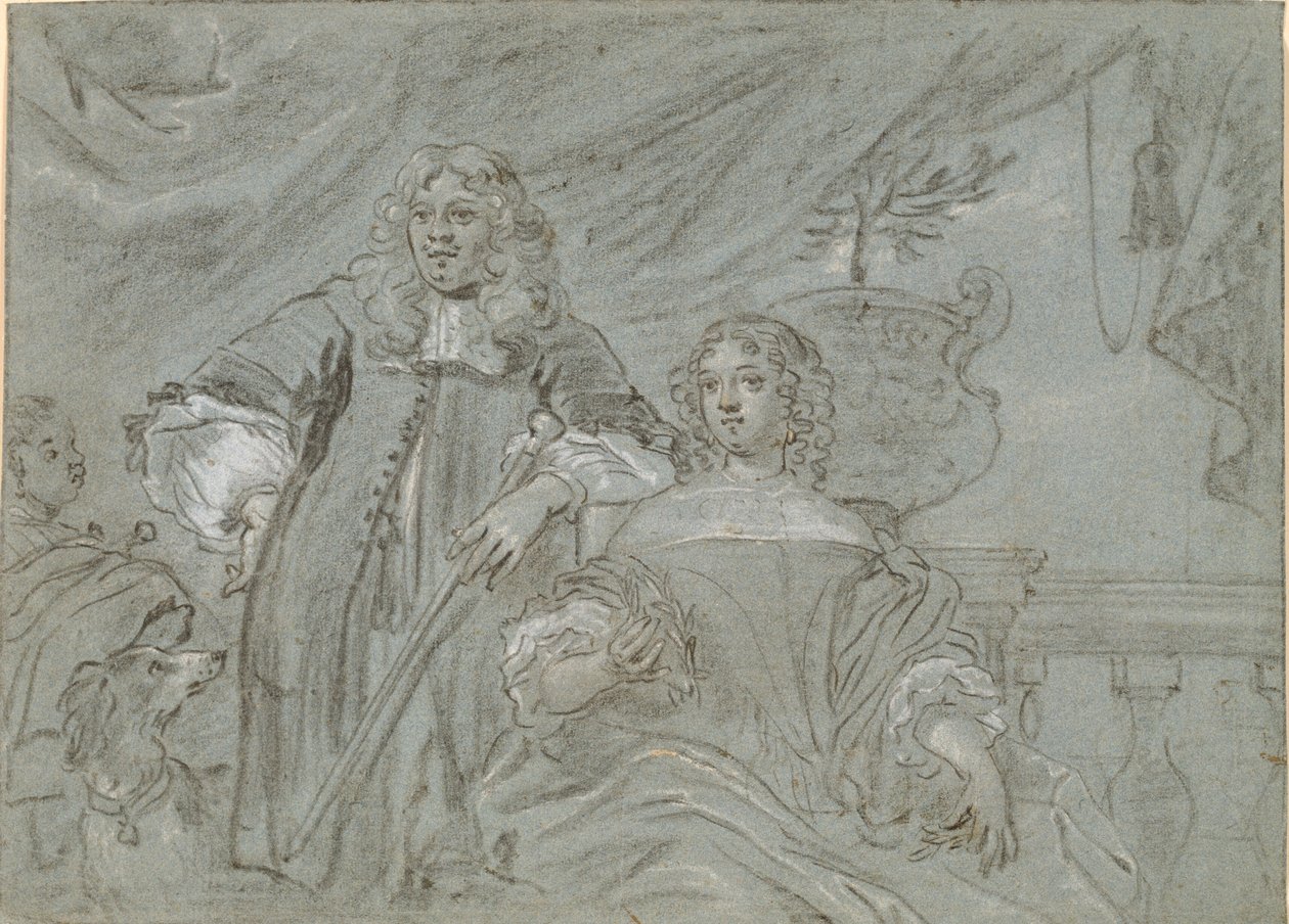 Grupo de una dama sentada y un caballero de pie, figuras de medio cuerpo. En el fondo un africano negro y un perro, a la derecha una balaustrada de Abraham Lambertsz. van den Tempel