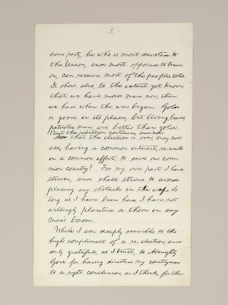 Manuscrito autógrafo del discurso de victoria electoral de Lincoln como presidente, pronunciado en Washington D.C., desde la ventana de la Casa Blanca la noche del 10 de noviembre de Abraham Lincoln