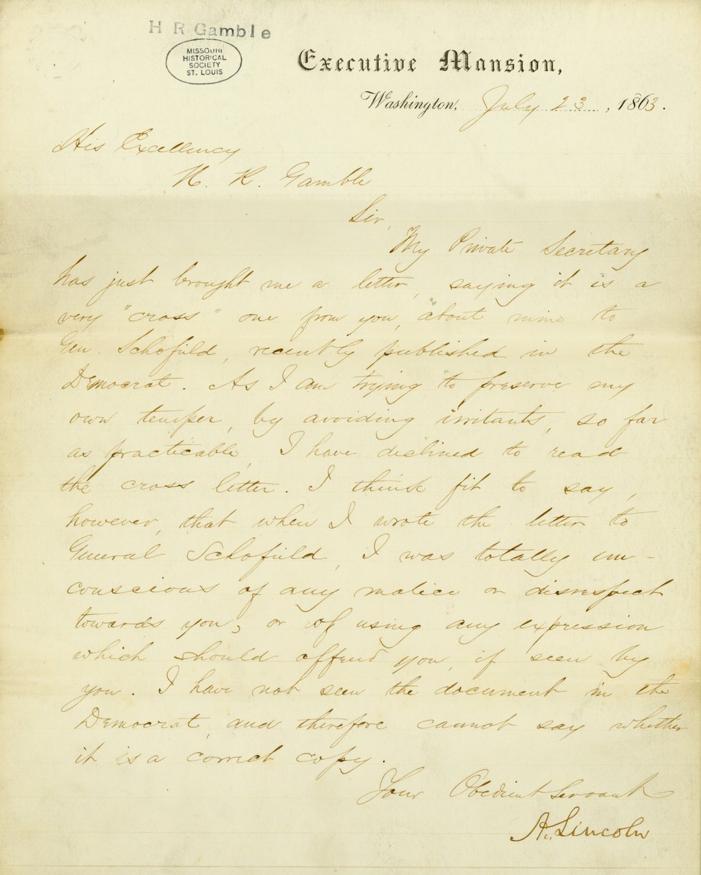 Carta firmada por A. Lincoln, Mansión Ejecutiva, Washington, a Su Excelencia, H.R. Gamble, 23 de julio de 1863 de Abraham Lincoln