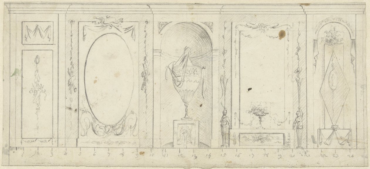 Diseño para decoración de habitación con cinco paneles, el del medio con jarrón decorativo de Abraham Meertens