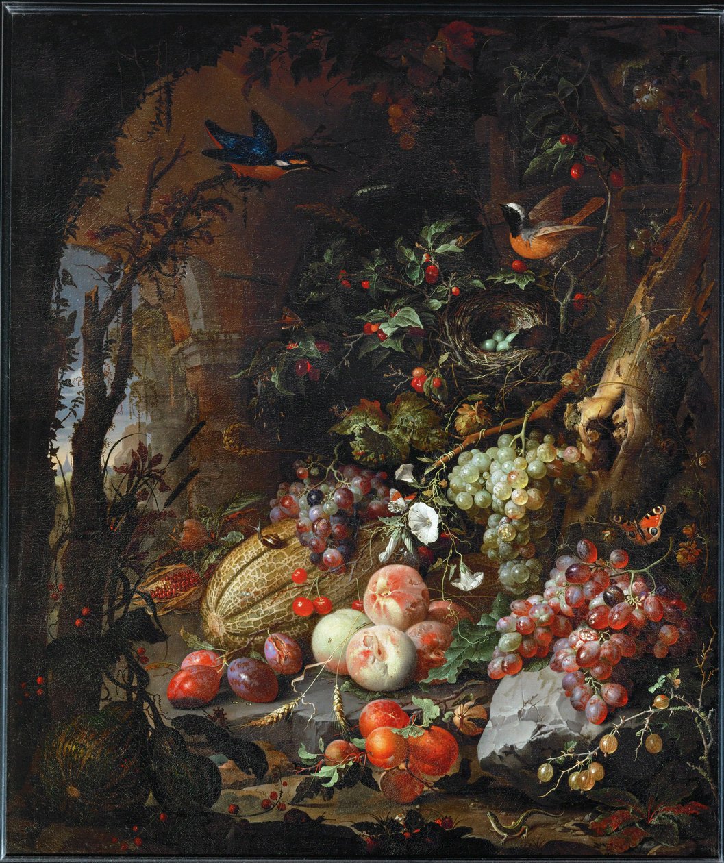 Flores, frutas, pájaros e insectos en un paisaje de ruinas ... de Abraham Mignon