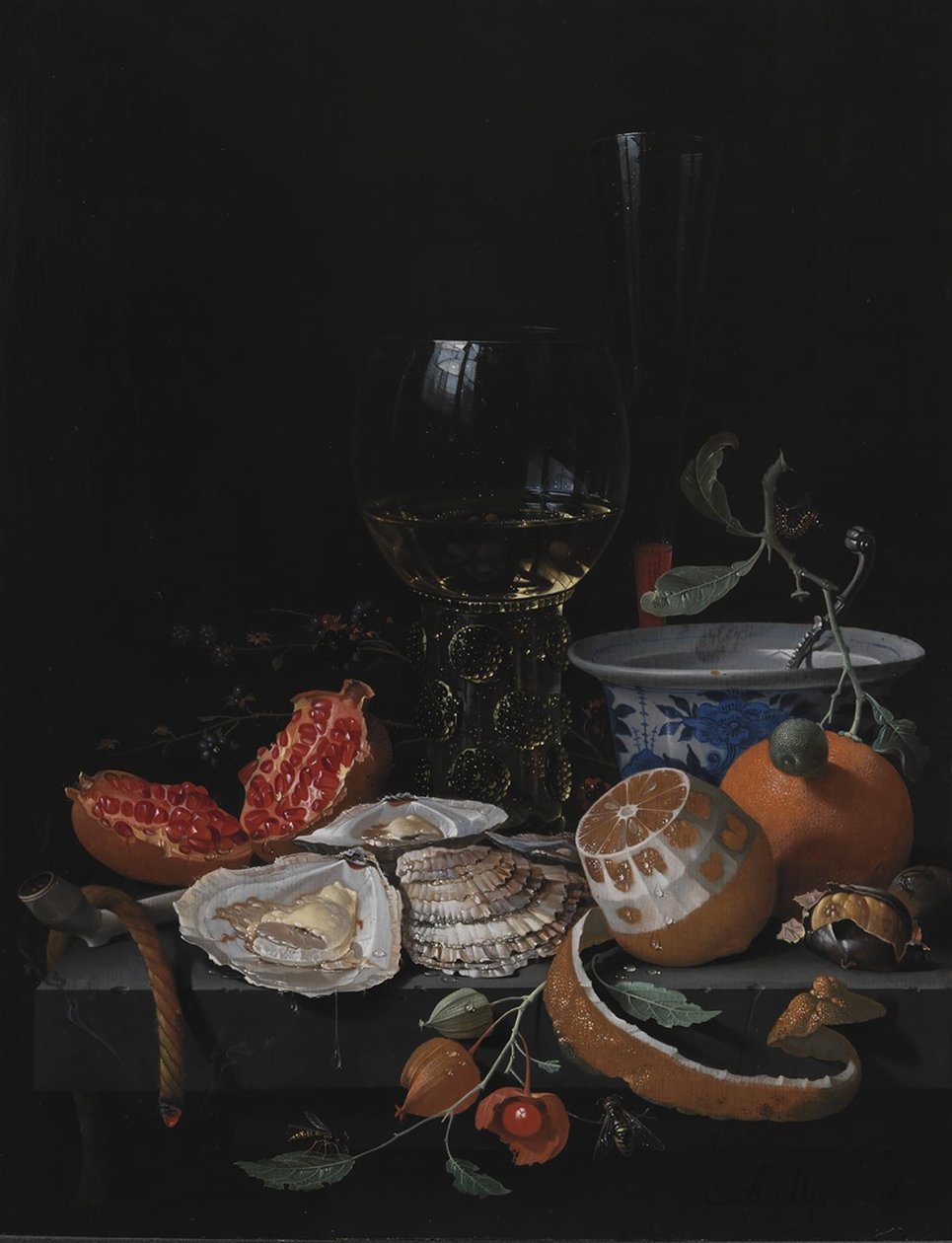 Ostras, fruta y una copa de vino en una mesa de piedra de Abraham Mignon