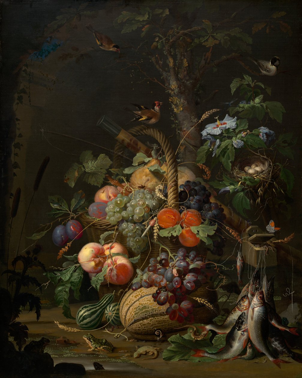 Naturaleza muerta con frutas, pescado y un nido de Abraham Mignon