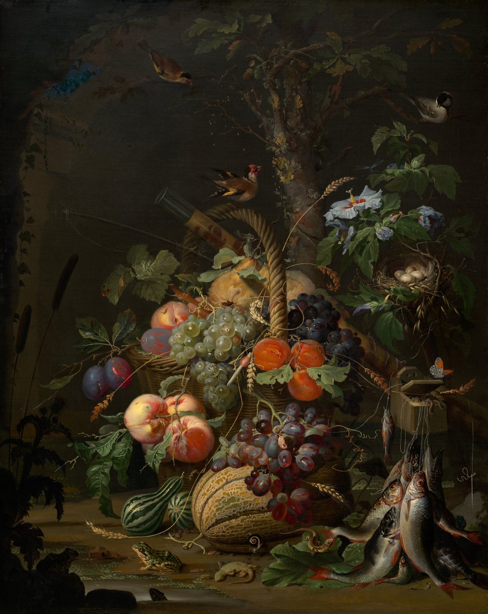 Naturaleza muerta con frutas, pescado y un nido, c. 1675 de Abraham Mignon