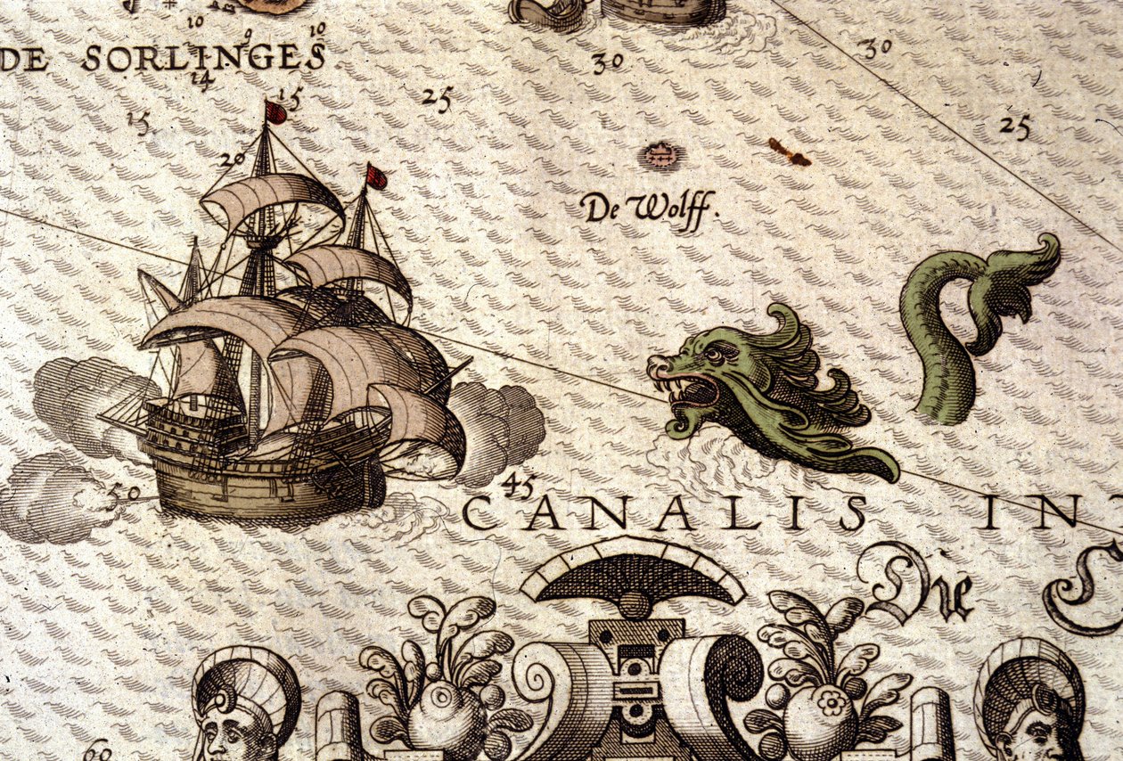 Un monstruo marino atacando un galeón (carabela). (detalle) de Abraham Ortelius