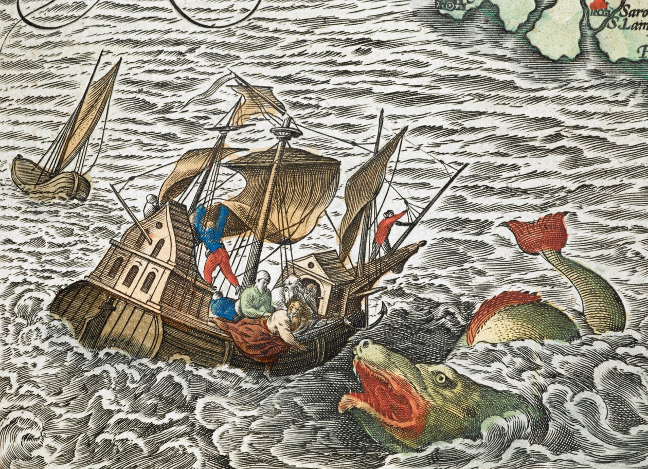 Un barco atacado por un monstruo marino de Typus orbis terrarum, por Abraham Ortelius de Abraham Ortelius