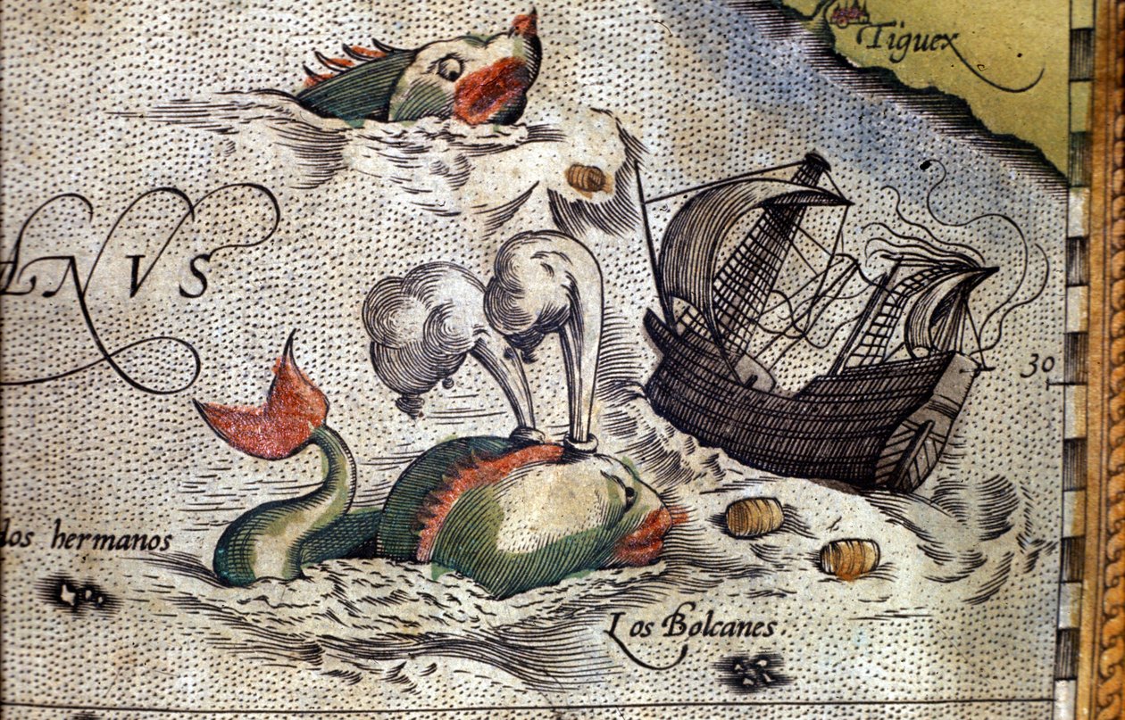 Una ballena ataca un barco. Placa de una edición de “Theatrum Orbis Terrarum” del cartógrafo Abraham Ortelius (1527-1598) de Abraham Ortelius