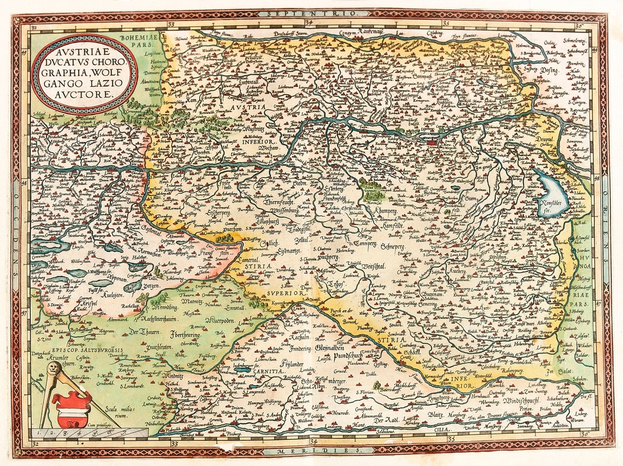 Austria Ducatus Chorographia Wolfgango Lazio Auctore Mapa geográfico del territorio de Austria con el río Danubio y la ciudad de Viena de 