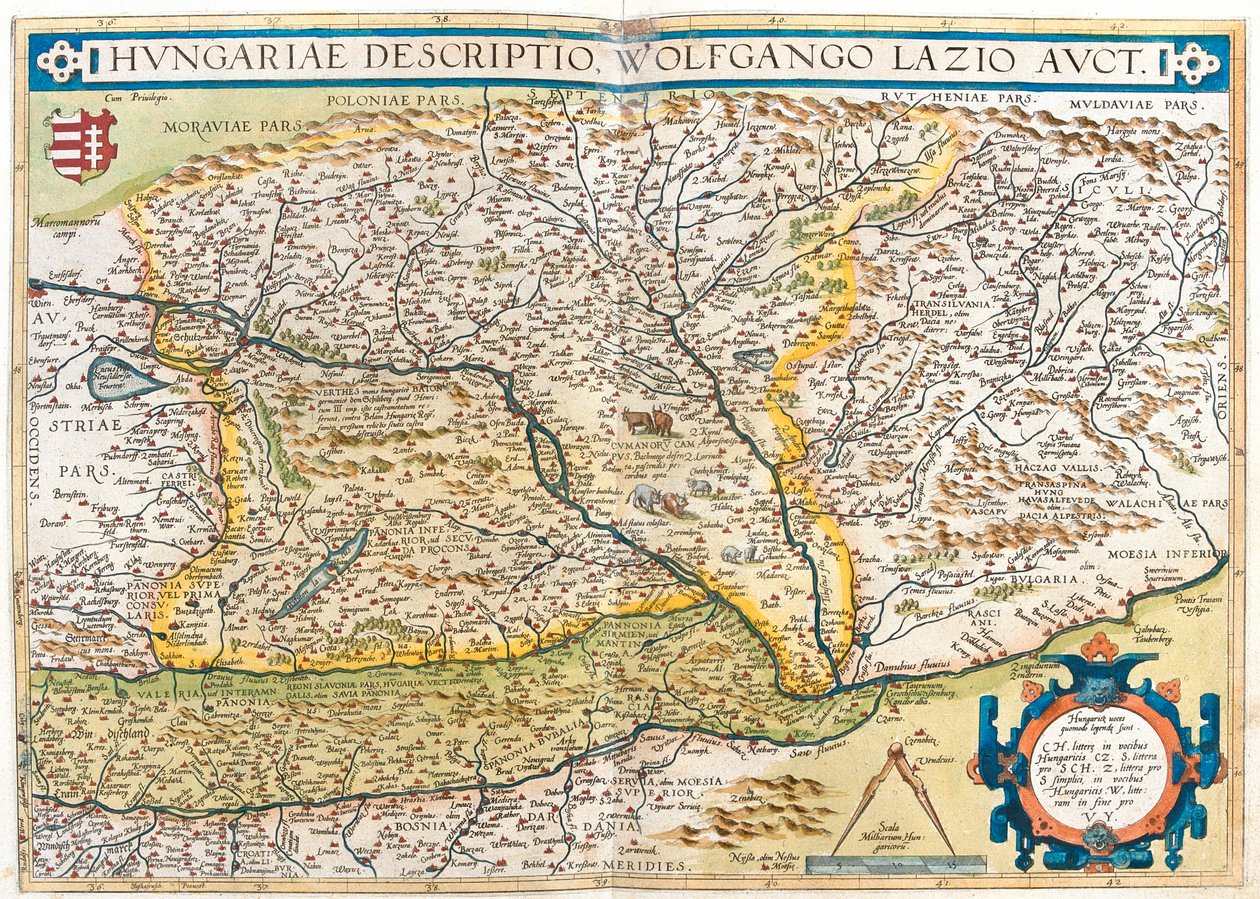 Austria, Eslovenia, Bosnia y Herzegovina, Serbia, Rumanía, República Checa, Eslovaquia, Hungría, Ucrania occidental de Abraham Ortelius