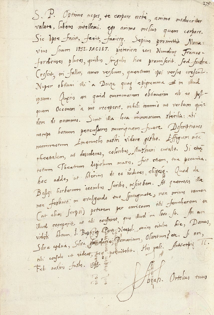 Carta autógrafa firmada a su sobrino, Jacob Cool (Jacobus Colius), Amberes, 2 de febrero de 1595 de Abraham Ortelius