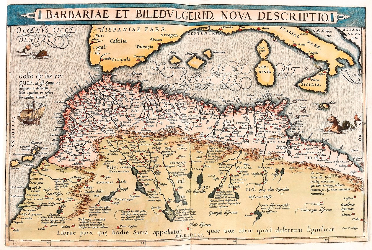 Barbariae y Biledulgerid, Nueva Descripción. Mapa geográfico del norte de África de 