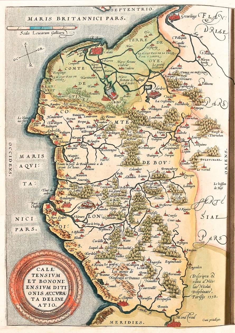 Caletensium et Bononiensium Ditionis Accurata Delineatio Mapa geográfico del territorio de Boulonnais (Condado de Boulogne), Artois y Flandes francés (Francia) incluyendo los lugares de Calais, Arches, Greuelinge, Étaples y Montreuil... tomado del Theatrum de Abraham Ortelius