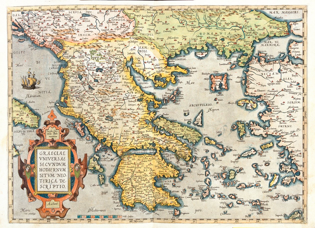 Croacia (Condado: Dubrovnik-Neretva), sur de Bosnia y Herzegovina, sur de Serbia, sur de Bulgaria, Montenegro, Albania, Macedonia, Grecia, oeste de Turquía. de Abraham Ortelius