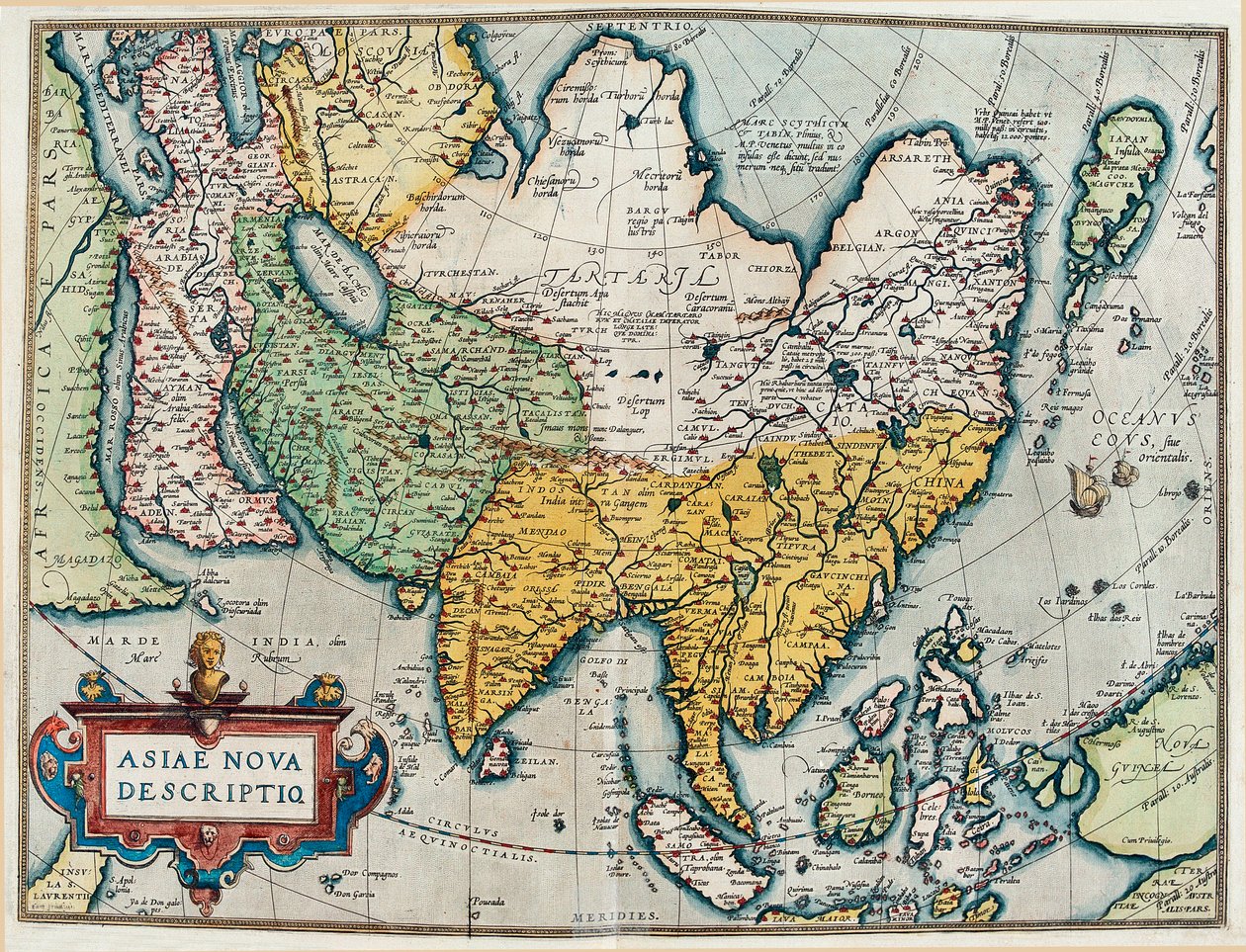 Descripción del continente asiático, mapa geográfico de “Theatrum Orbis Terrarum” de Abraham Ortelius