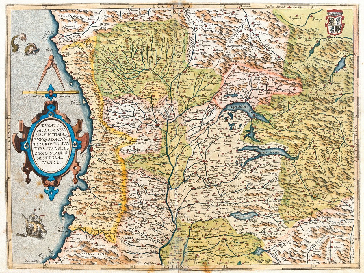 Francia (Región: , Franco Condado, Ródano-Alpes, Provenza-Alpes-Costa Azul), sur de Suiza, Italia (Región: Liguria, Piamonte, Valle de Aosta, Lombardía, oeste de Trentino-Alto Adigio, oeste de Emilia-Romaña, noroeste de Toscana). de Abraham Ortelius